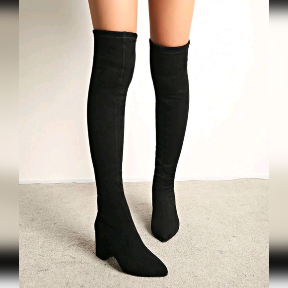 Shoes - Women's Fashion Thigh High Boots With Zipper, Pointed Toe, Chunky Heel, Suitable